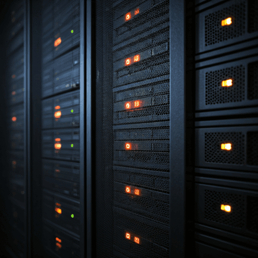 Close up of a high-tech server rack with glowing orange status lights in a dark data center